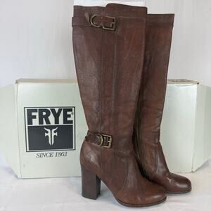 FRYE Brown Leather Parker D Ring Tall Copper Buckle 3 inch Heel Boots Size 6M